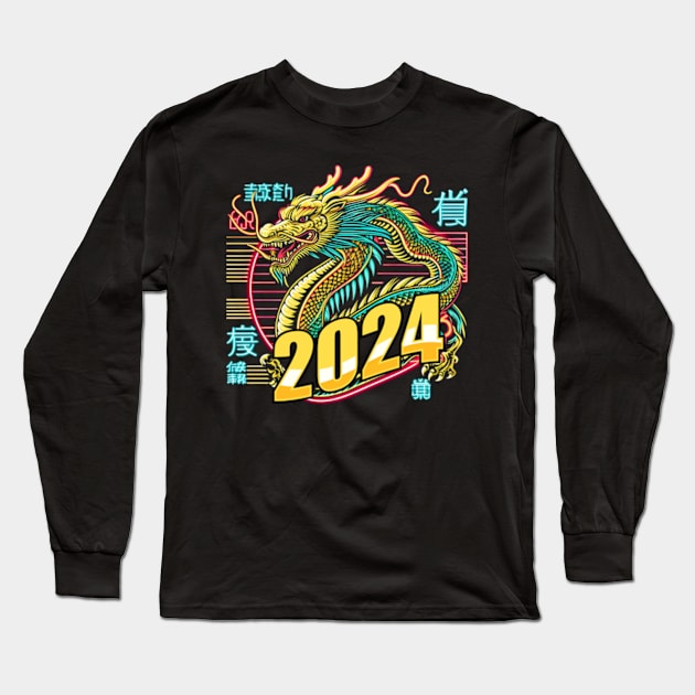 GOLDEN YEAR OF THE DRAGON 2024 80'S NEON VIBE RETRO Long Sleeve T-Shirt by athirdcreatives